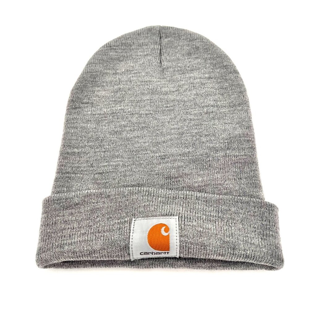 Carhartt Mens Gray Acrylic Knit Cuffed Beanie Hat Ski Cap Logo Patch